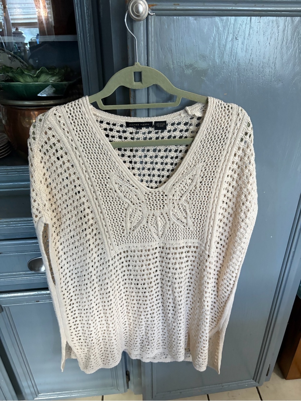 JEANNE PIERRE Cream Openwork V-Neck Knit Sweater
